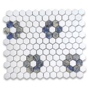 Thassos White Marble 1 inch Hexagon Rosette Mosaic Tile w/ Azul Macaubas Blue Honed