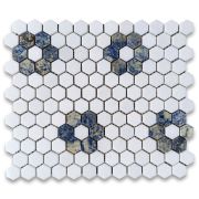 Thassos White Marble 1 inch Hexagon Rosette Mosaic Tile w/ Azul Macaubas Blue Polished