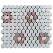 Thassos White Marble 1 inch Hexagon Rosette Mosaic Tile w/ Norwegian Rose Pink Honed