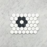 Thassos White Marble 1 inch Hexagon Rosette Mosaic Tile w/ Nero Marquina Black Honed