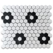 Thassos White Marble 1 inch Hexagon Rosette Mosaic Tile w/ Nero Marquina Black Honed