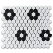 Thassos White Marble 1 inch Hexagon Rosette Mosaic Tile w/ Nero Marquina Black Polished