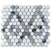 Thassos White Marble 1 inch Hexagon Diamond Flower Trellis Mosaic Tile w/ Sagano Vibrant Green Honed