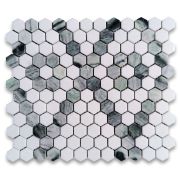 Thassos White Marble 1 inch Hexagon Diamond Flower Trellis Mosaic Tile w/ Sagano Vibrant Green Polished