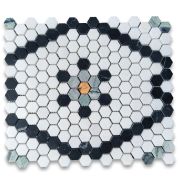 Thassos White Marble 1 inch Hexagon Historic Snowflake Mosaic Tile w/ Nero Marquina Black Sagano Vibrant Green Amarillo Trian Gold Honed
