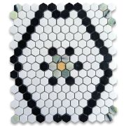 Thassos White Marble 1 inch Hexagon Historic Snowflake Mosaic Tile w/ Nero Marquina Black Sagano Vibrant Green Amarillo Trian Gold Polished