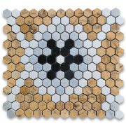 Thassos White Marble 1 inch Snowflake Hexagon Mosaic Tile w/ Gold Blue Black Honed