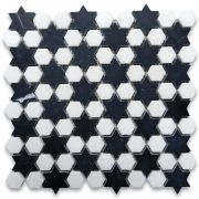 Thassos White Marble 1 inch Starry Night Hexagram Hexagon Mosaic Tile w/ Nero Marquina Black Honed