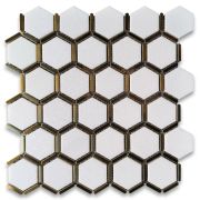 Thassos White Marble 2 inch Hexagon Mosaic Tile w/ Brass Strips Honed