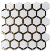 Thassos White Marble 2 inch Hexagon Mosaic Tile w/ Brass Strips Polished