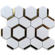 Thassos White Marble 3 inch Hexagon Mosaic Tile w/ Brass Strips Honed