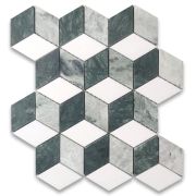 Thassos White Marble 2x3 Illusion 3D Cube Rhombus Diamond Hexagon Mosaic Tile w/ Green Marble Honed