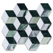 Thassos White Marble 2x3 Illusion 3D Cube Rhombus Diamond Hexagon Mosaic Tile w/ Green Marble Polished
