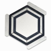 Thassos White Marble 5 inch Hexagon Georama Geometric Mosaic Tile w/ Nero Marquina Black Carrara White Strips Honed