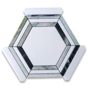 Thassos White Marble 5 inch Hexagon Georama Geometric Mosaic Tile w/ Sagano Vibrant Green Strips Honed