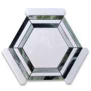 Thassos White Marble 5 inch Hexagon Georama Geometric Mosaic Tile w/ Sagano Vibrant Green Strips Polished