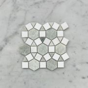 Thassos White Marble 1-1/2 inch Hexagon Sunflower Ring Waterjet Mosaic Tile w/ Ming Green Honed