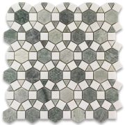 Thassos White Marble 1-1/2 inch Hexagon Sunflower Ring Waterjet Mosaic Tile w/ Ming Green Polished