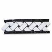 Thassos White Marble 4x12 Basketweave Mosaic Border w/ Nero Marquina Black Dots Polished