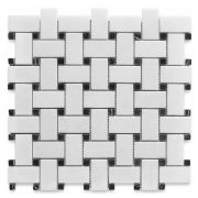 Thassos White Marble 1x2 Basketweave Mosaic Tile w/ Nero Marquina Black Dots Honed