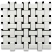 Thassos White Marble 1x2 Basketweave Mosaic Tile w/ Nero Marquina Black Dots Polished