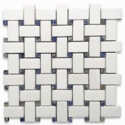 Thassos White Marble 1x2 Basketweave Mosaic Tile w/ Blue Dots Honed