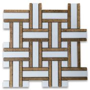 Thassos White Marble 1 inch Twine Basketweave Mosaic Tile w/ Yellow Woodgrain Honed