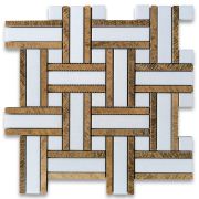 Thassos White Marble 1 inch Twine Basketweave Mosaic Tile w/ Yellow Woodgrain Polished