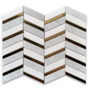 Thassos White Carrara White Marble 1x3 Artistic Chevron Mosaic Tile w/ Brass Strips Polished