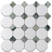 Thassos White Marble 3 inch Octagon Mosaic Tile w/ Sagano Green Dots Honed