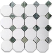 Thassos White Marble 3 inch Octagon Mosaic Tile w/ Sagano Green Dots Polished