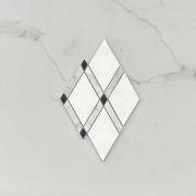 Thassos White Marble Diamond Lattice Mosaic Tile w/ Carrara White Nero Marquina Black Honed