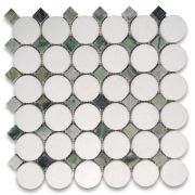 Thassos White Marble 2 inch Round Mosaic Tile w/ Sagano Vibrant Green Square Dots Honed