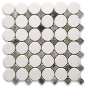 Thassos White Marble 2 inch Round Mosaic Tile w/ Sagano Vibrant Green Square Dots Polished
