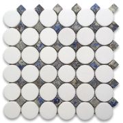 Thassos White Marble 2 inch Round Mosaic Tile w/ Azul Macaubas Blue Square Dots Honed