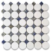 Thassos White Marble 2 inch Round Mosaic Tile w/ Azul Macaubas Blue Square Dots Polished