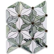 Thassos White Sagano Vibrant Green Marble Lily Bouquet Flower Leaf Mosaic Tile w/ Brass Pistil Honed