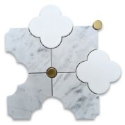 Thassos White Carrara White Marble Quatrefoil Four-Leaf Four-Lobed Clover Flower Mosaic Tile w/ Brass Dots Honed