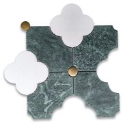 Thassos White Indian Green Marble Quatrefoil Four-Leaf Four-Lobed Clover Flower Mosaic Tile w/ Brass Dots Honed