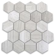 White Wood Grain 3 inch Hexagon Mosaic Tile Polished