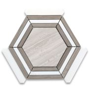 Athens Silver Cream Marble 5 inch Hexagon Georama Geometric Mosaic Tile w/ Athens Gray Thassos White Strips Honed