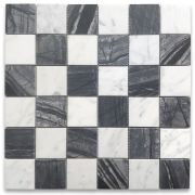 Silver Wave Black Forest Carrara White Marble 2x2 Checkerboard Mosaic Tile Honed