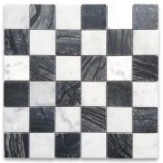 Silver Wave Black Forest Carrara White Marble 2x2 Checkerboard Mosaic Tile Polished