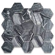 Silver Wave Black Forest Marble 3 inch Hexagon Mosaic Tile Honed