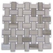 Athens Grey Wood Grain 1x2 Basketweave Mosaic Tile w/ White Dots Polished