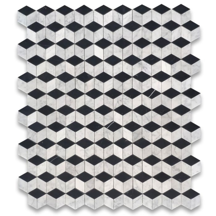 Carrara White Marble 2x3 Illusion 3D Cube Rhombus Diamond Hexagon