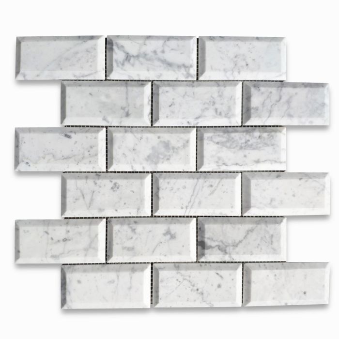 Carrara White Marble 2x4 Subway Mosaic Tile Beveled Raised Angled Honed -  Marble Online