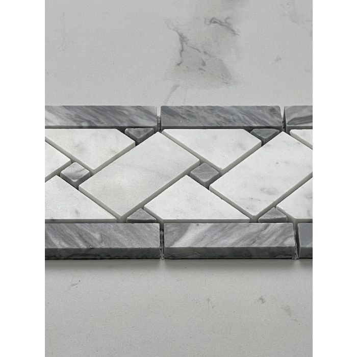 Carrara White Marble 4x12 Basketweave Mosaic Border w Carrara White Marble 4x12 Basketweave Mosaic Border w