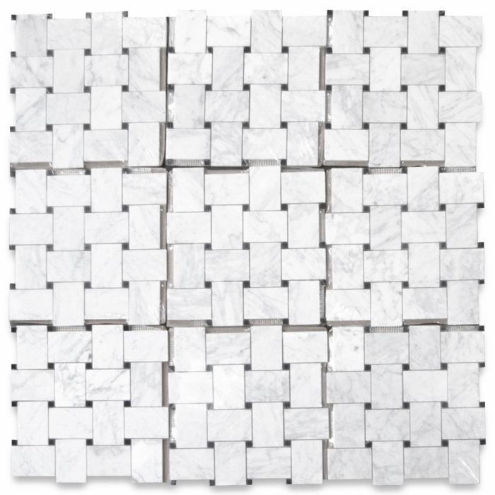 Carrara White Marble Large Basketweave Mosaic Tile w/ Nero
