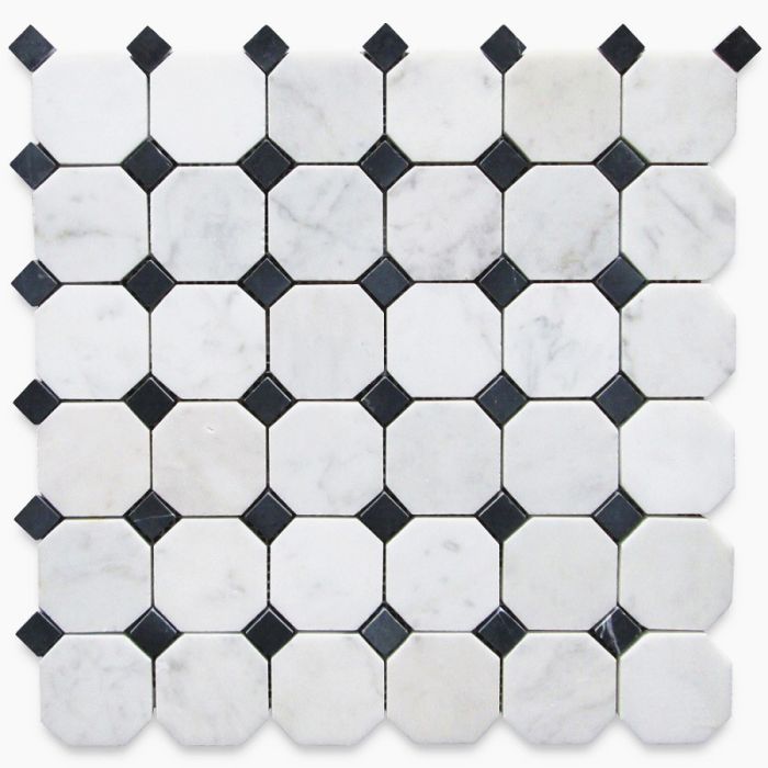 Carrara White Italian Carrera Marble Octagon Mosaic Tile Black Dots 2 inch Polished